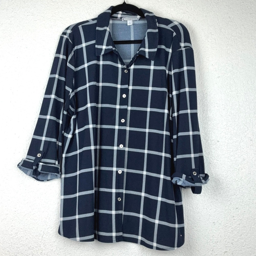Tommy Hilfiger Navy Plaid Button Up - XL - Roll Tab Sleeve Preppy Classic Office